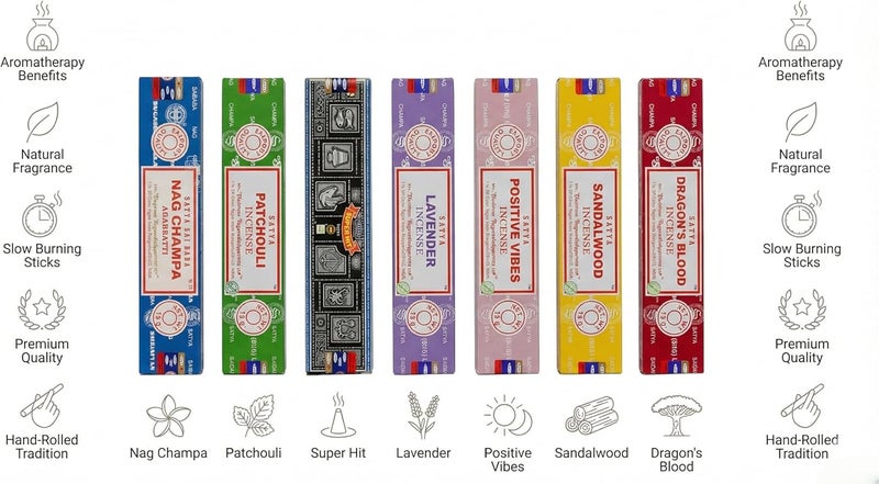 Satya (blue, black, purple) - Incense Gift Set Nag Champa, Super hit, Dragon's Blood, Sandalwood, Patchouli, Lavender, Positive Vibes, 15 g - Image 3