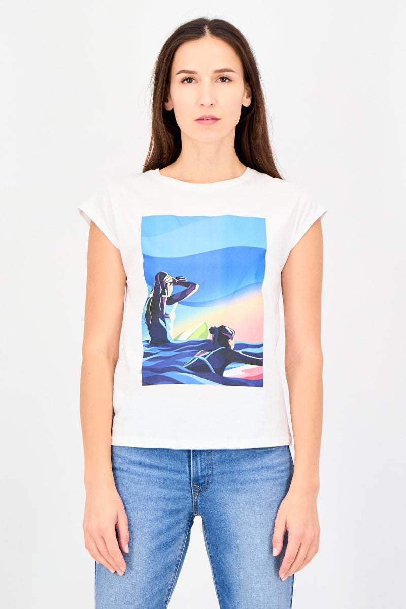 promod Women Round Neck Graphic Print Cap Sleeve T-Shirt, White - Image 1