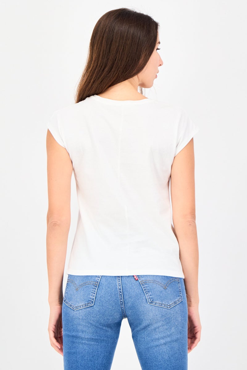 promod Women Round Neck Graphic Print Cap Sleeve T-Shirt, White - Image 3