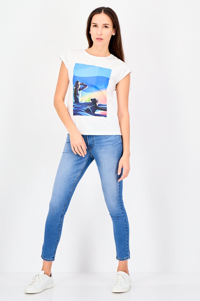 promod Women Round Neck Graphic Print Cap Sleeve T-Shirt, White - Image 4