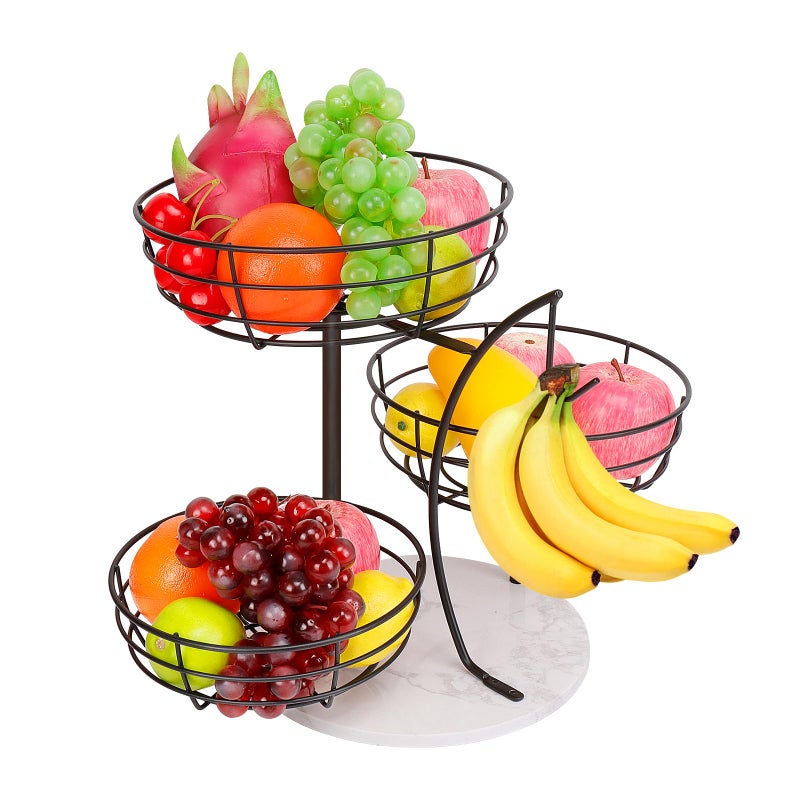 Livabber Fruit Basket Bowl with Banana Hanger Metal Fruit Vegetable Storage Basket with Banana Holder for Kitchen Counter Detachable Organizer for Bread Snack Produce Black 3Tier Marble Base