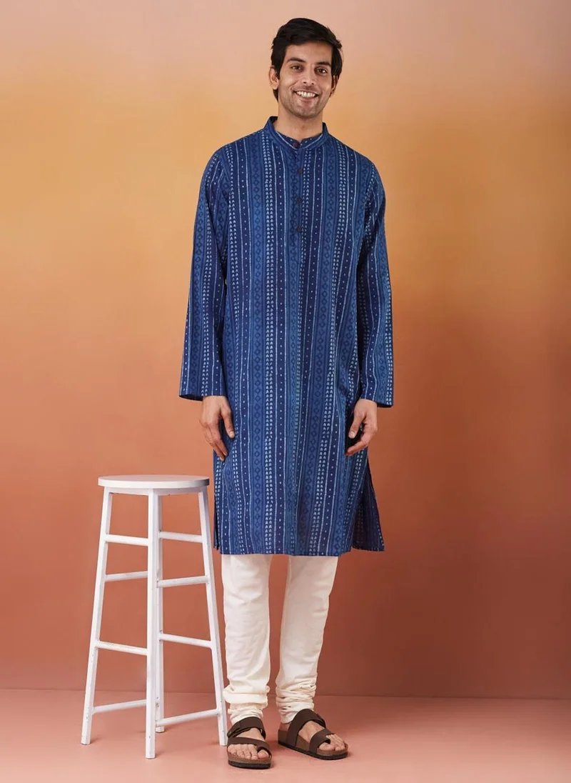 فاب انديا Indigo Cotton Printed Long Kurta