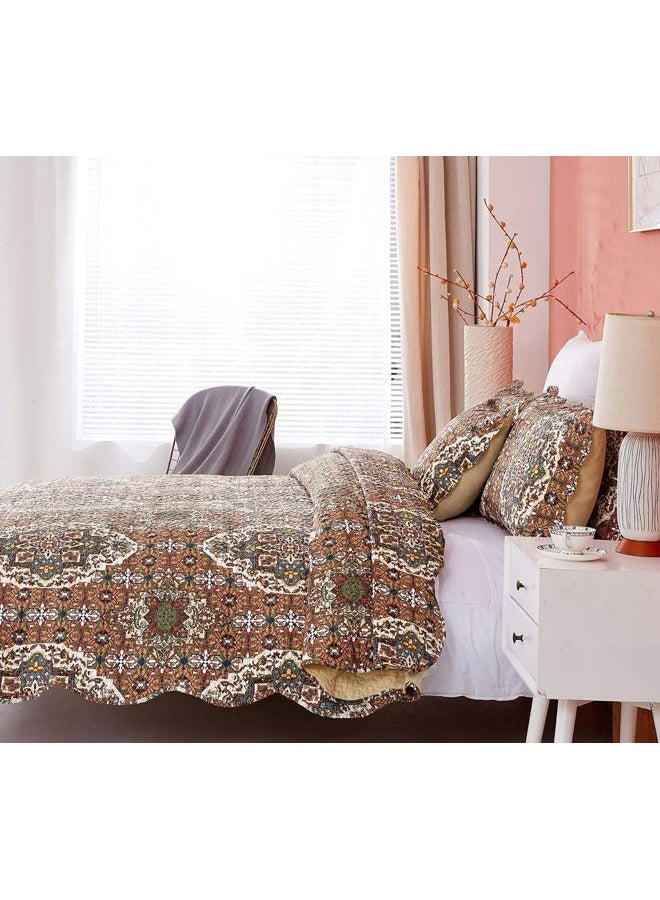 DaDa Bedding Earthy Cross Motif Folk Bedspread - Cozy Arabian Moroccan Ogee Rustic Antique Style Quilted Coverlet Set - Scalloped Edges Warm Tones Burnt Orange Brown Olive Green - Queen - 3-Pieces - Image 3