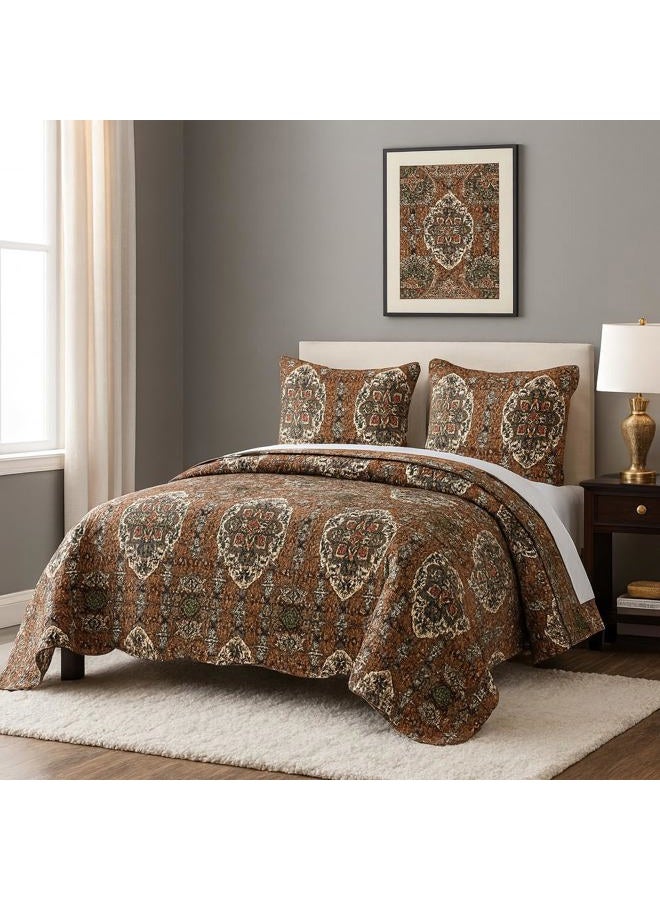 DaDa Bedding Earthy Cross Motif Folk Bedspread - Cozy Arabian Moroccan Ogee Rustic Antique Style Quilted Coverlet Set - Scalloped Edges Warm Tones Burnt Orange Brown Olive Green - Queen - 3-Pieces - Image 1