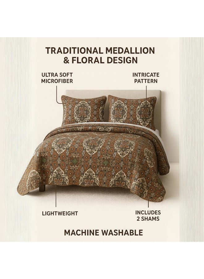 DaDa Bedding Earthy Cross Motif Folk Bedspread - Cozy Arabian Moroccan Ogee Rustic Antique Style Quilted Coverlet Set - Scalloped Edges Warm Tones Burnt Orange Brown Olive Green - Queen - 3-Pieces - Image 2