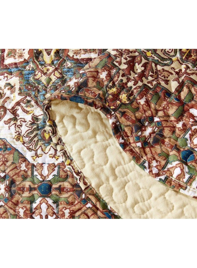 DaDa Bedding Earthy Cross Motif Folk Bedspread - Cozy Arabian Moroccan Ogee Rustic Antique Style Quilted Coverlet Set - Scalloped Edges Warm Tones Burnt Orange Brown Olive Green - Queen - 3-Pieces - Image 5