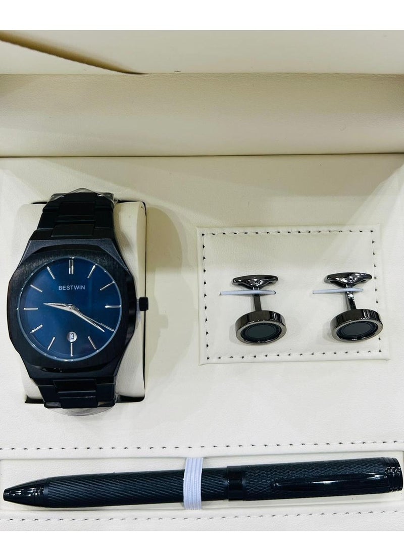 A gift set for men, a high-quality, slim watch, a limited edition from Bestwin, with a black bracelet and a Blue dial.