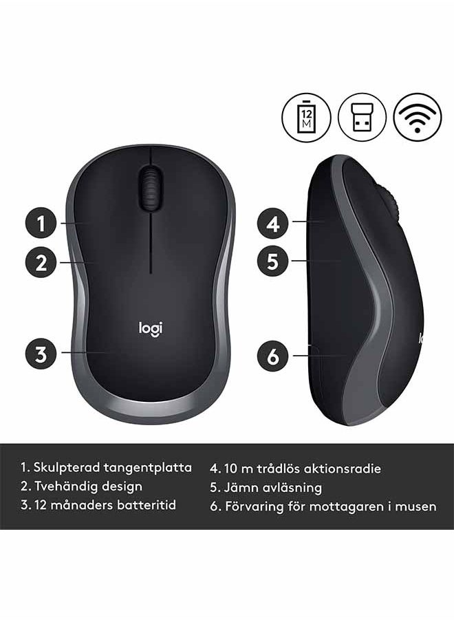 Logitech M185 Wireless Mouse, 2.4 GHz with USB Nano Receiver, 12 Months Battery Life, 1000 DPI Optical Tracking, for Left and Right Handed Users, Compatible with PC, Mac, Laptop - Grey