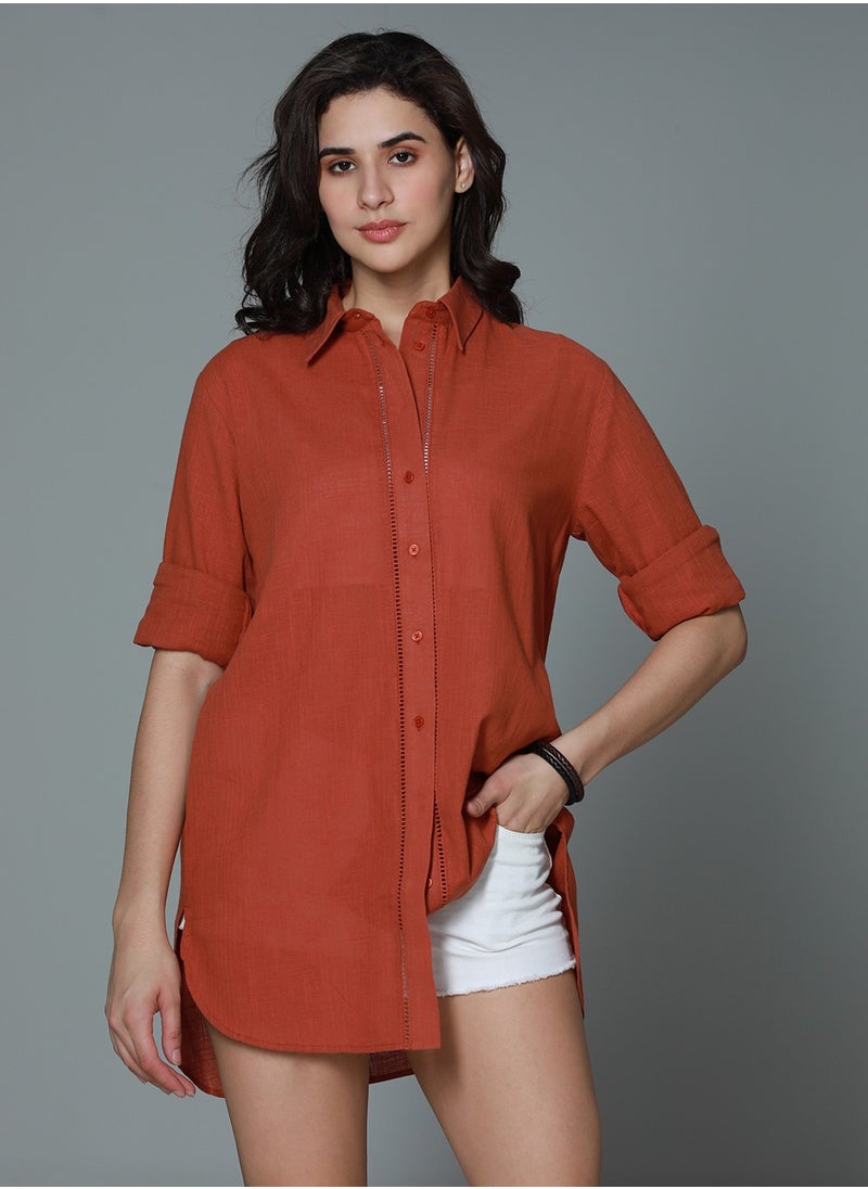 HIGH STAR - Oversized Rust Long Sleeves Casual Shirt for Women - Image 1
