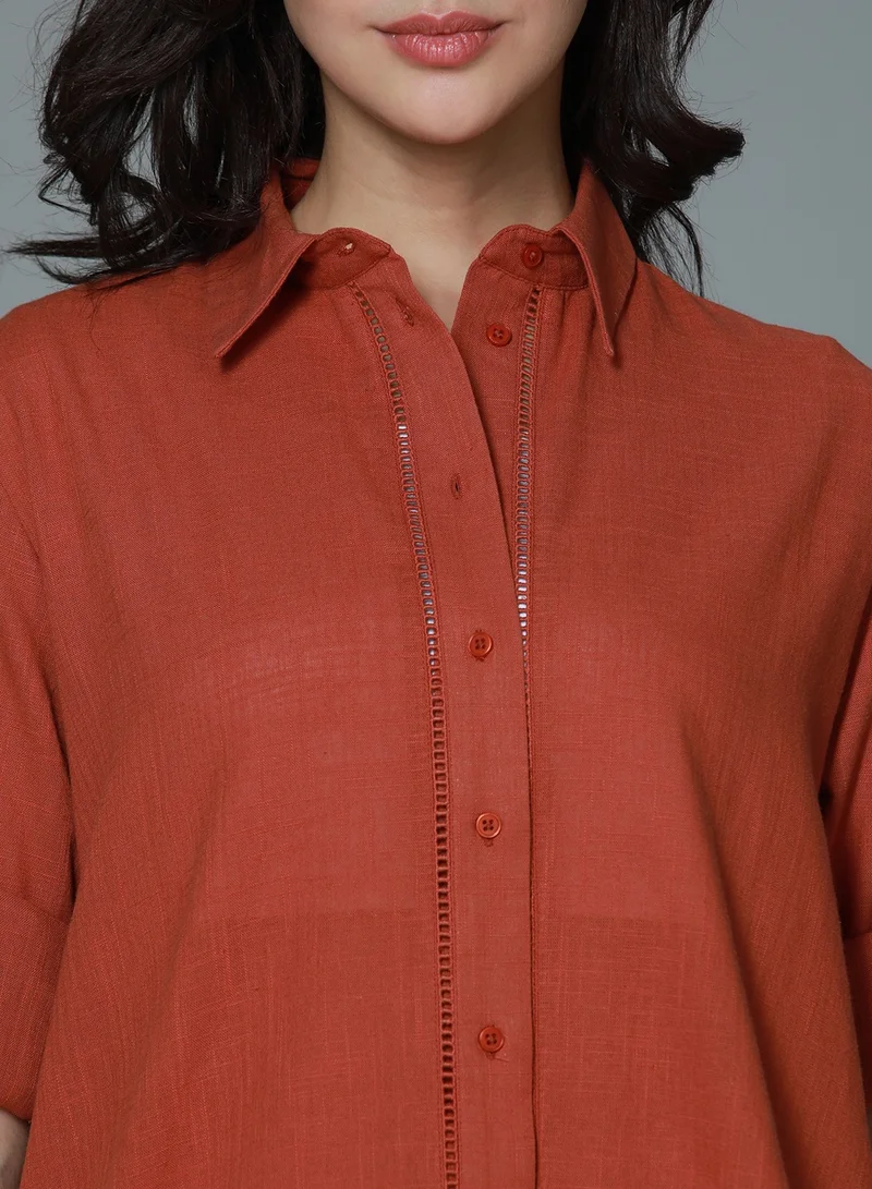 هاي ستار Oversized Rust Long Sleeves Casual Shirt for Women