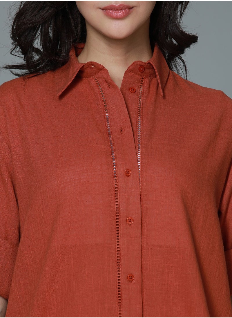 HIGH STAR - Oversized Rust Long Sleeves Casual Shirt for Women - Image 1
