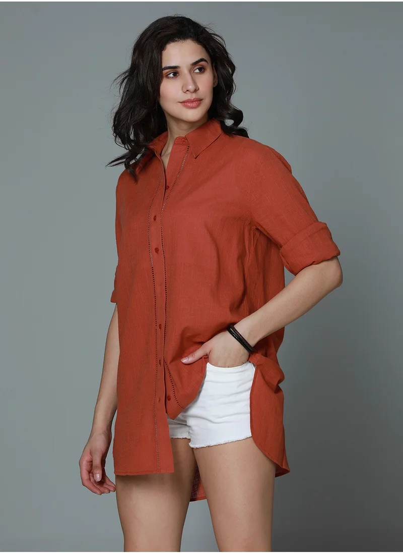 هاي ستار Oversized Rust Long Sleeves Casual Shirt for Women