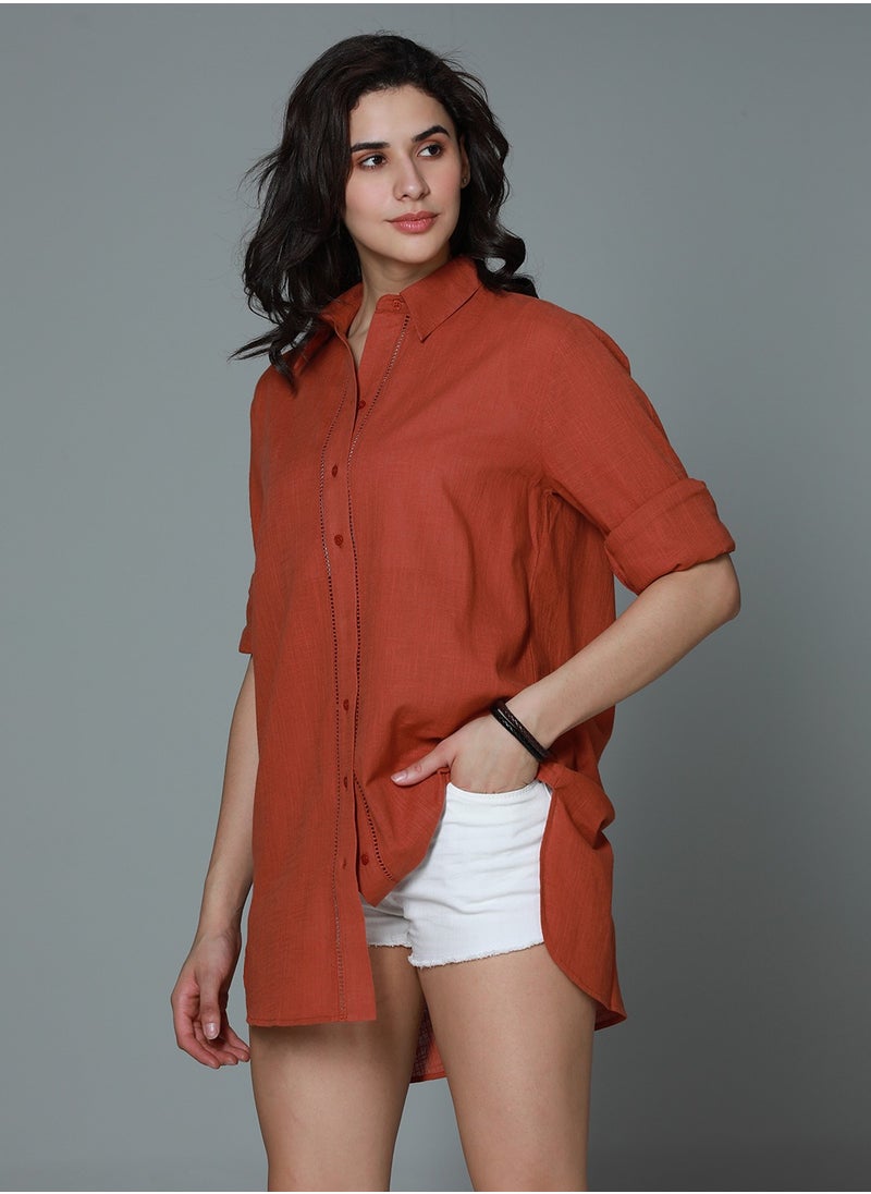 HIGH STAR - Oversized Rust Long Sleeves Casual Shirt for Women - Image 1