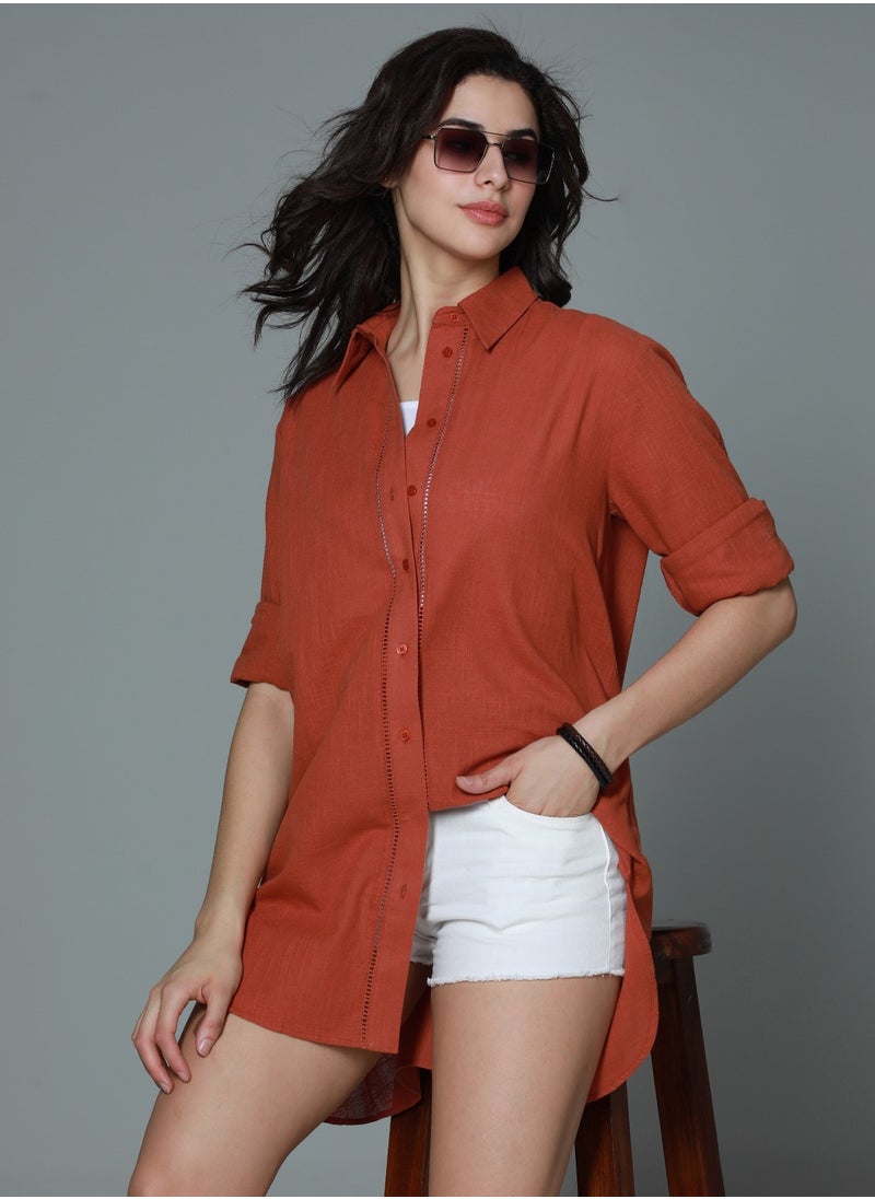 HIGH STAR - Oversized Rust Long Sleeves Casual Shirt for Women - Image 1