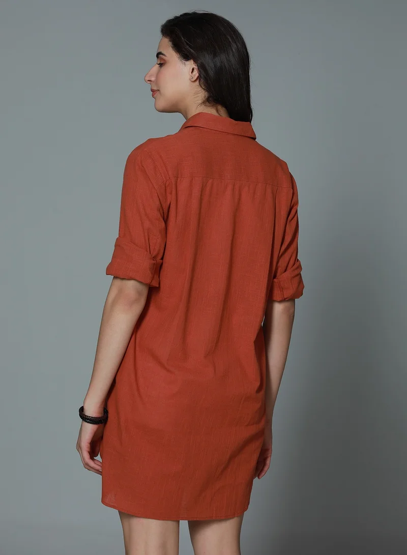 هاي ستار Oversized Rust Long Sleeves Casual Shirt for Women