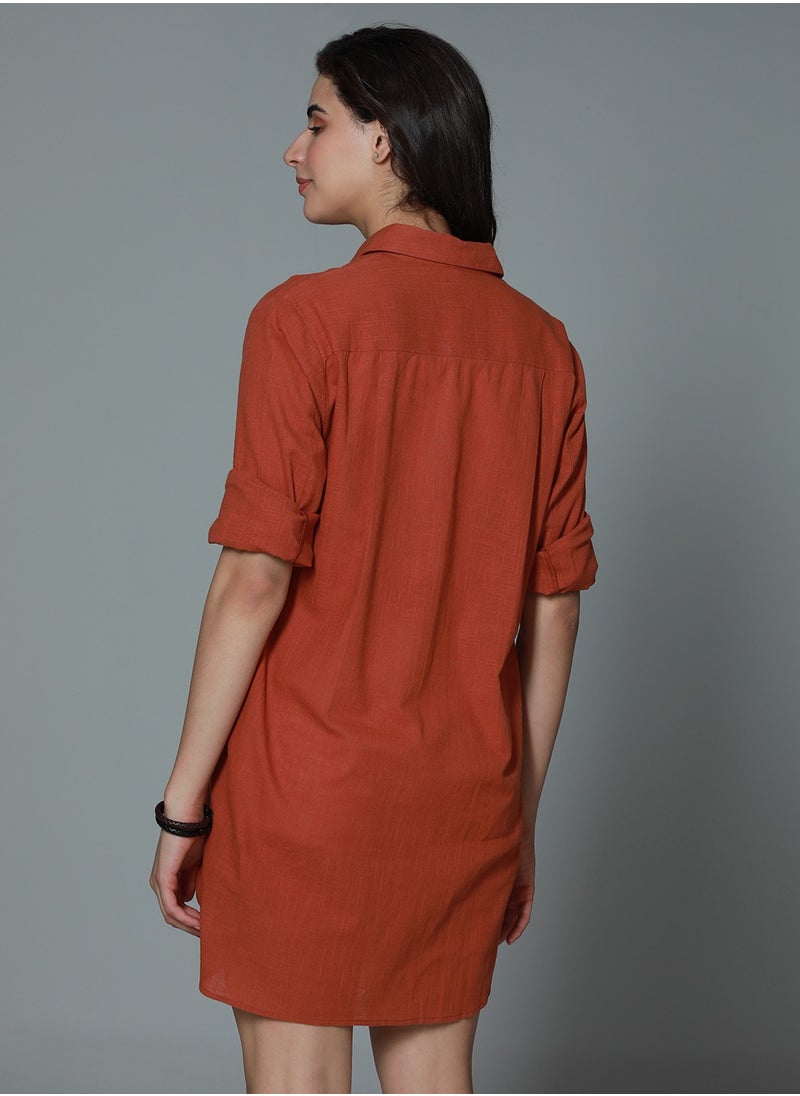 HIGH STAR - Oversized Rust Long Sleeves Casual Shirt for Women - Image 1