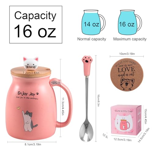 Feify Cute Cat Cup Ceramic Coffee Mug with Kawaii Cat Wooden Lid, Lovely Stainless Steel Spoon, Anime Kitty Thicken Wooden Coaster, Christmas Birthday Cute Thing Japanese Mug 16oz (Pink) - Image 3