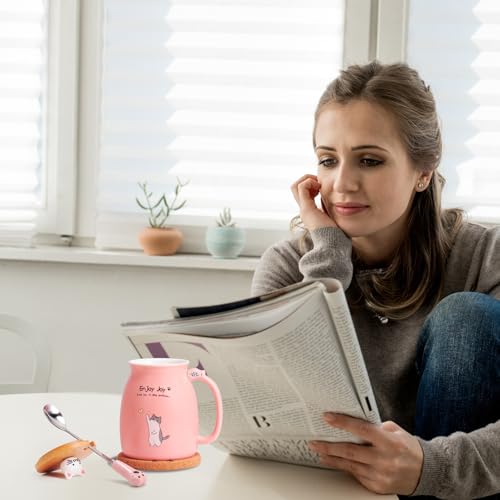 Feify Cute Cat Cup Ceramic Coffee Mug with Kawaii Cat Wooden Lid, Lovely Stainless Steel Spoon, Anime Kitty Thicken Wooden Coaster, Christmas Birthday Cute Thing Japanese Mug 16oz (Pink) - Image 4
