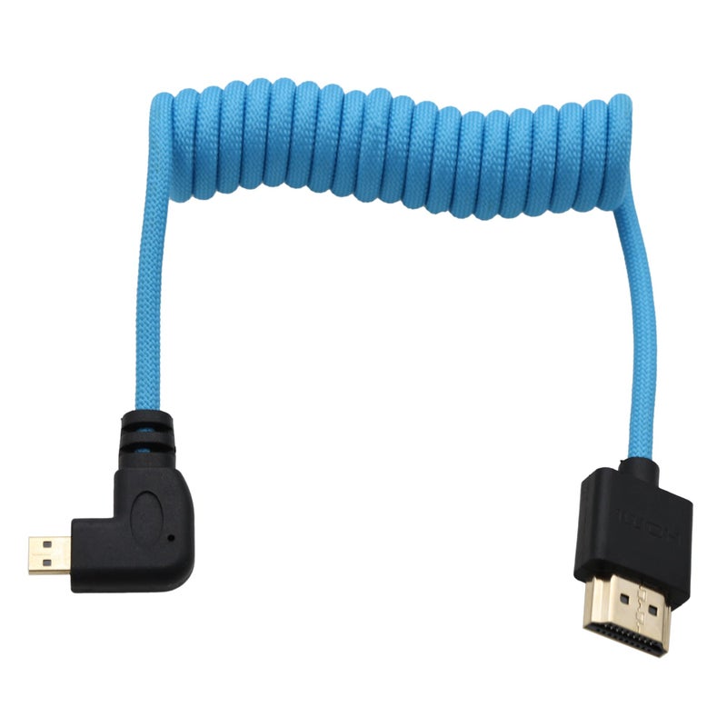HangTon Right Angle MicroHDMI 4K 8K High Speed Cable for ATOMOS Ninja V Ultra Sony ZVE10 A7C A7R4 A6700 Canon R6II R5C R10 Lumix S5 S9 G100 Fujifilm XT50 Blue Braided Coiled 30cm - Image 2