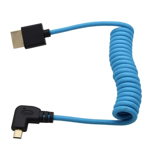HangTon Right Angle MicroHDMI 4K 8K High Speed Cable for ATOMOS Ninja V Ultra Sony ZVE10 A7C A7R4 A6700 Canon R6II R5C R10 Lumix S5 S9 G100 Fujifilm XT50 Blue Braided Coiled 30cm - Image 3