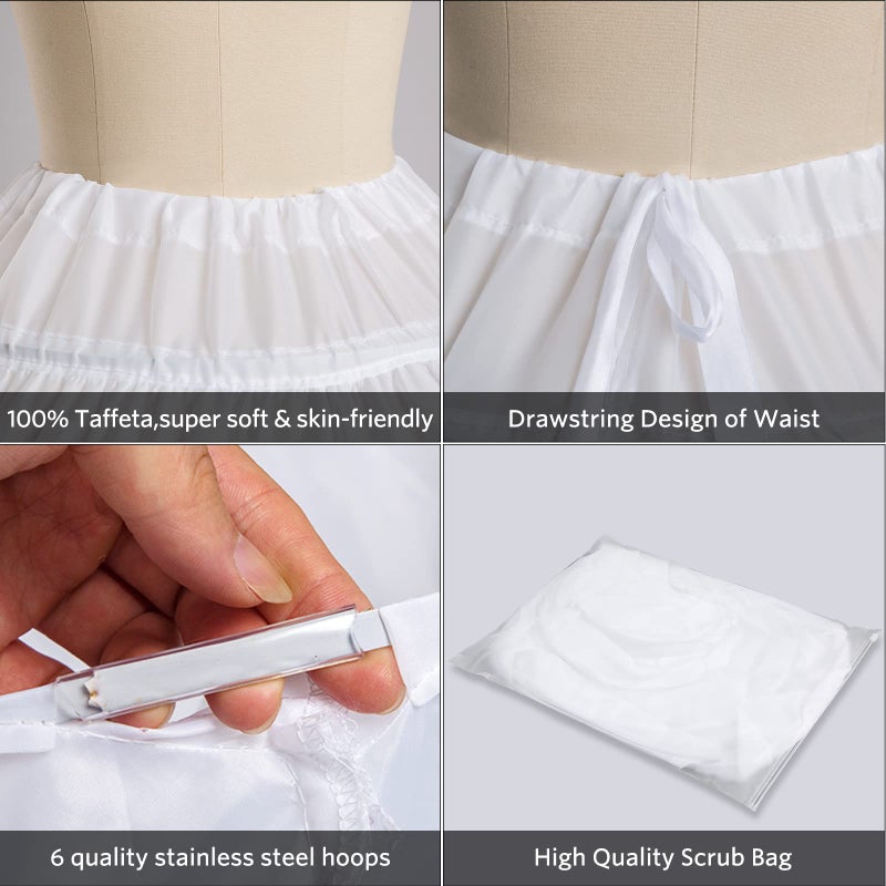 PrettyQueen Women 6 Hoop Petticoat White A-line Floor-Length Crinoline Underskirt for Bridal Wedding Dress Ball Gown - Image 4
