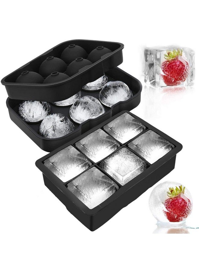 AmigozZ Silicon Ice Cube Ball Maker, Silicone 6 Giant Ice Ball Cube Tray Silicon Sphere Mold Bar Whiskey Cocktails(Black) (Round + Square 6 Grid Ice Cube Tray) - Image 1