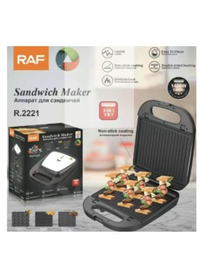 RAF - Sandwich and Waffle Maker, 3 slices, 1400 Watt R.2221 - Black - Image 1