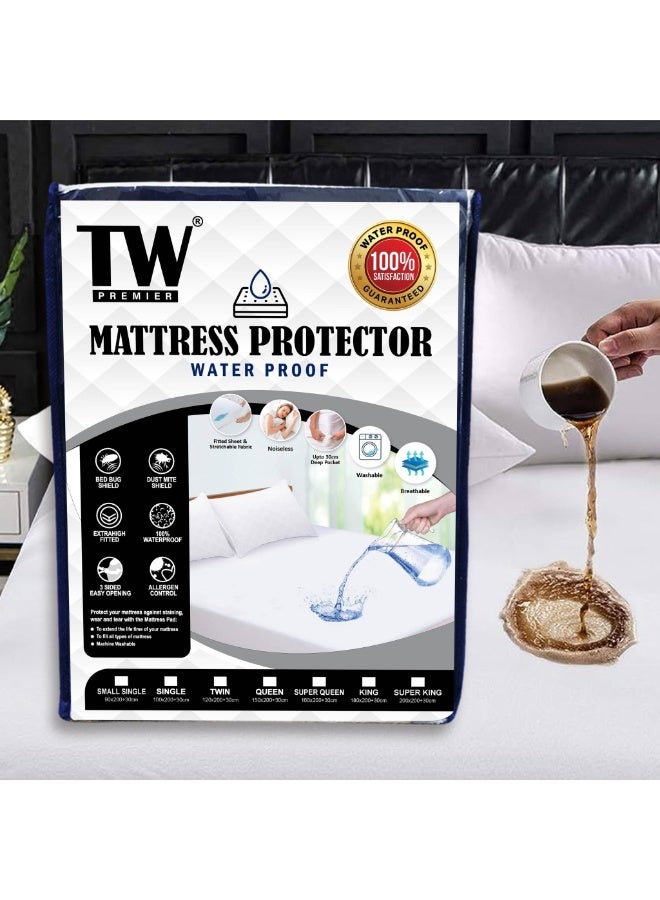 TW PREMIER Waterproof Cotton Terry Mattress Protector - 30cm Deep Pocket Fitted Bed Sheet Style, Breathable & Noiseless Mattress Cover - Image 1