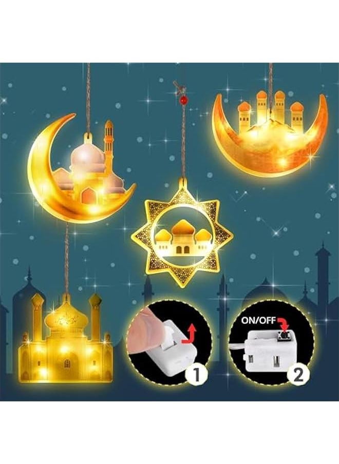 خاجول مجموعة من 4 مصابيح زخرفية لحفلات تزيين رمضان، إضاءة ليلية على شكل هلال إسلامي، زينة عيد، هدية رمضان لزيادة السعادة  - Image 3