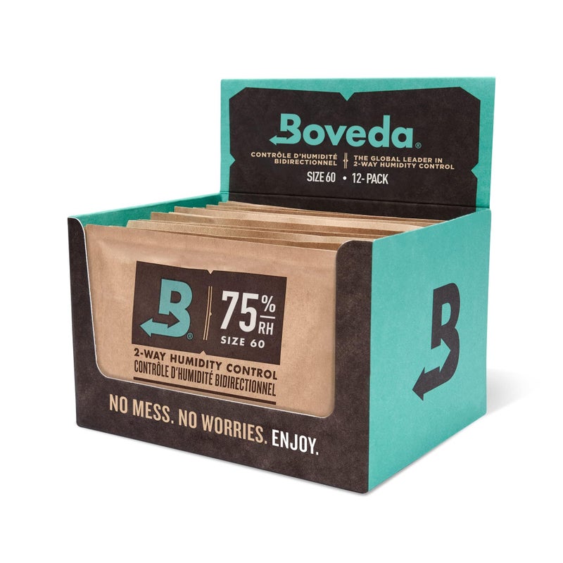 Boveda 75% Two-Way Humidity Control Packs â€“ Size 60 â€“ 12 Pack â€“ Fix Major Moisture Loss/Low RH in Non-Plastic Humidifier â€“ Moisture Absorbers â€“ Individually Wrapped Hydration Packets - Image 1