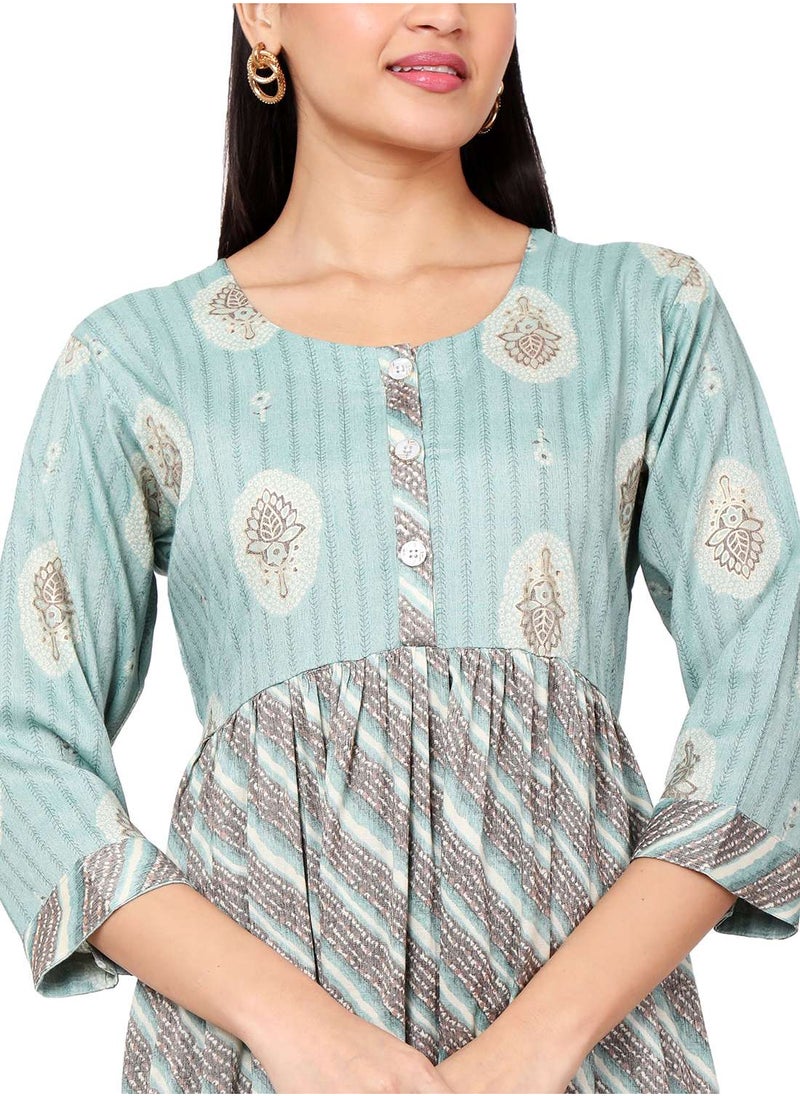 HANA & SARA - FRONT STYLED BUTTONED SOFT VISCOSE BLUE COLOUR SHORT PRINTED CASUAL ARABIC KAFTAN JALABIYA DRESS - Image 1