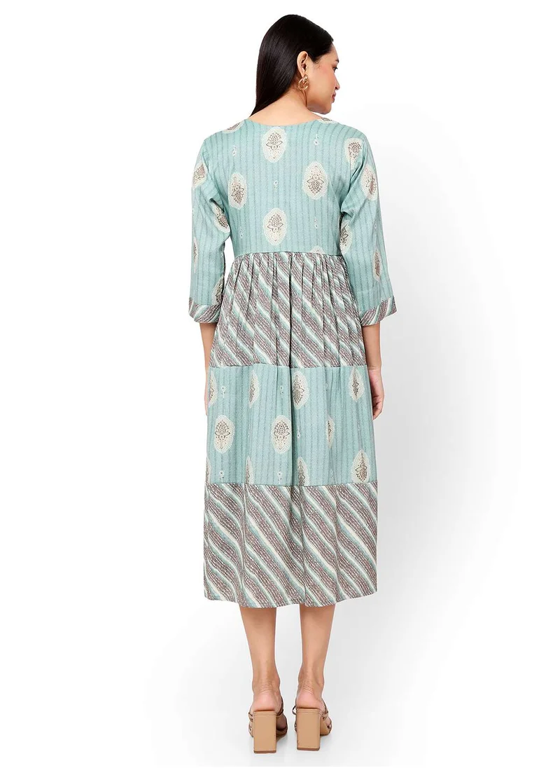 HANA & SARA FRONT STYLED BUTTONED SOFT VISCOSE BLUE COLOUR SHORT PRINTED CASUAL ARABIC KAFTAN JALABIYA DRESS