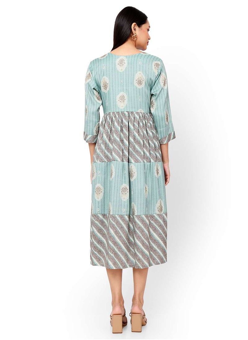 HANA & SARA - FRONT STYLED BUTTONED SOFT VISCOSE BLUE COLOUR SHORT PRINTED CASUAL ARABIC KAFTAN JALABIYA DRESS - Image 1