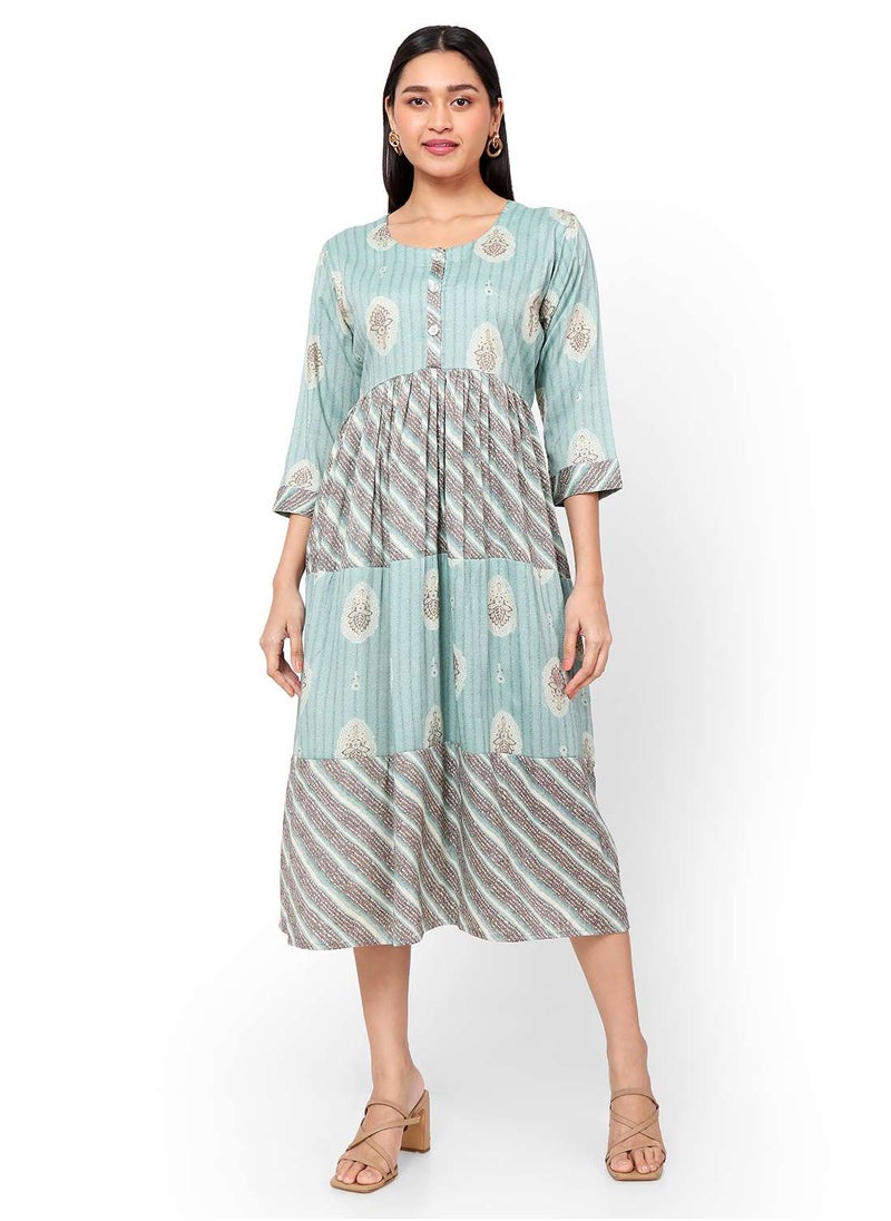 HANA & SARA - FRONT STYLED BUTTONED SOFT VISCOSE BLUE COLOUR SHORT PRINTED CASUAL ARABIC KAFTAN JALABIYA DRESS - Image 1