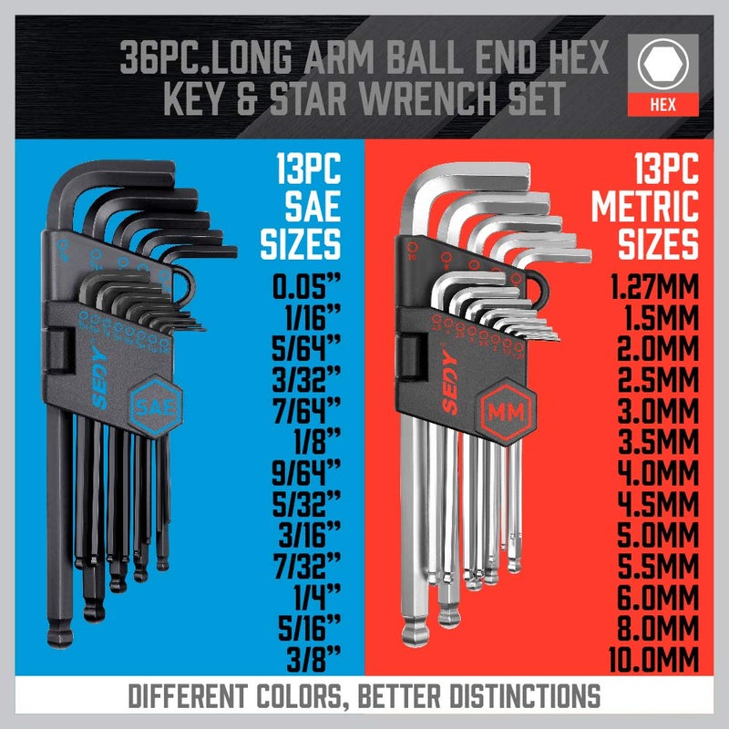 SEDY 36-Pieces Ultimate Allen Wrench Set, Premium Hex & Torx Key Set, SAE & Metric Hex, Ball End Torx Wrenches with Extra - Image 4