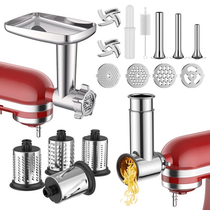 MEAT GRINDER STAINLESS STEEL SLICER SHREDDER ATTACHMENT FOR KITCHENAID STAND MIXER INCLUDES METAL FOOD GRINDER ATTACHMENT WITH SAUSAGE STUFFER TUBES AND SALAD MACHINE ACCESSORY BY