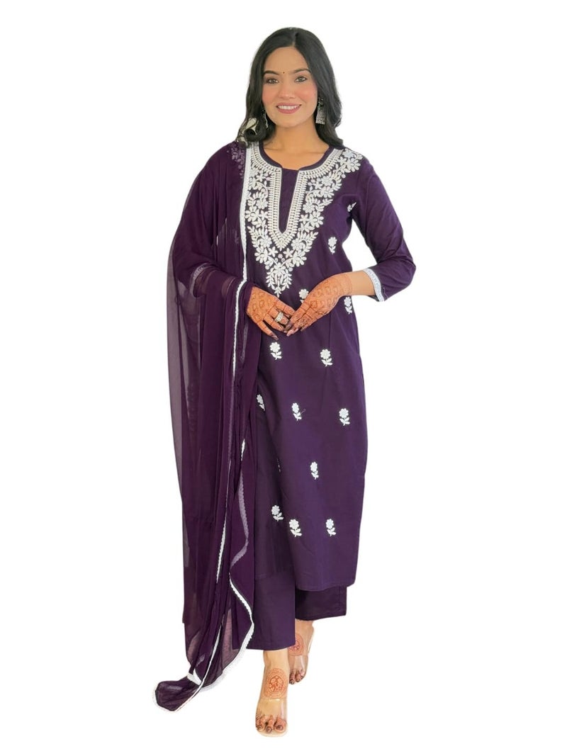 Naixa Women's Violate Pure Cotton Embroidered Straight Kurta with Cotton Pant and Nazneen Laced Dupatta Sets (NX-691-Violet-L) - Image 1