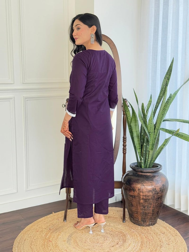 Naixa Women's Violate Pure Cotton Embroidered Straight Kurta with Cotton Pant and Nazneen Laced Dupatta Sets (NX-691-Violet-L) - Image 4