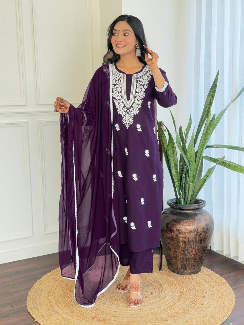 Naixa Women's Violate Pure Cotton Embroidered Straight Kurta with Cotton Pant and Nazneen Laced Dupatta Sets (NX-691-Violet-L) - Image 2