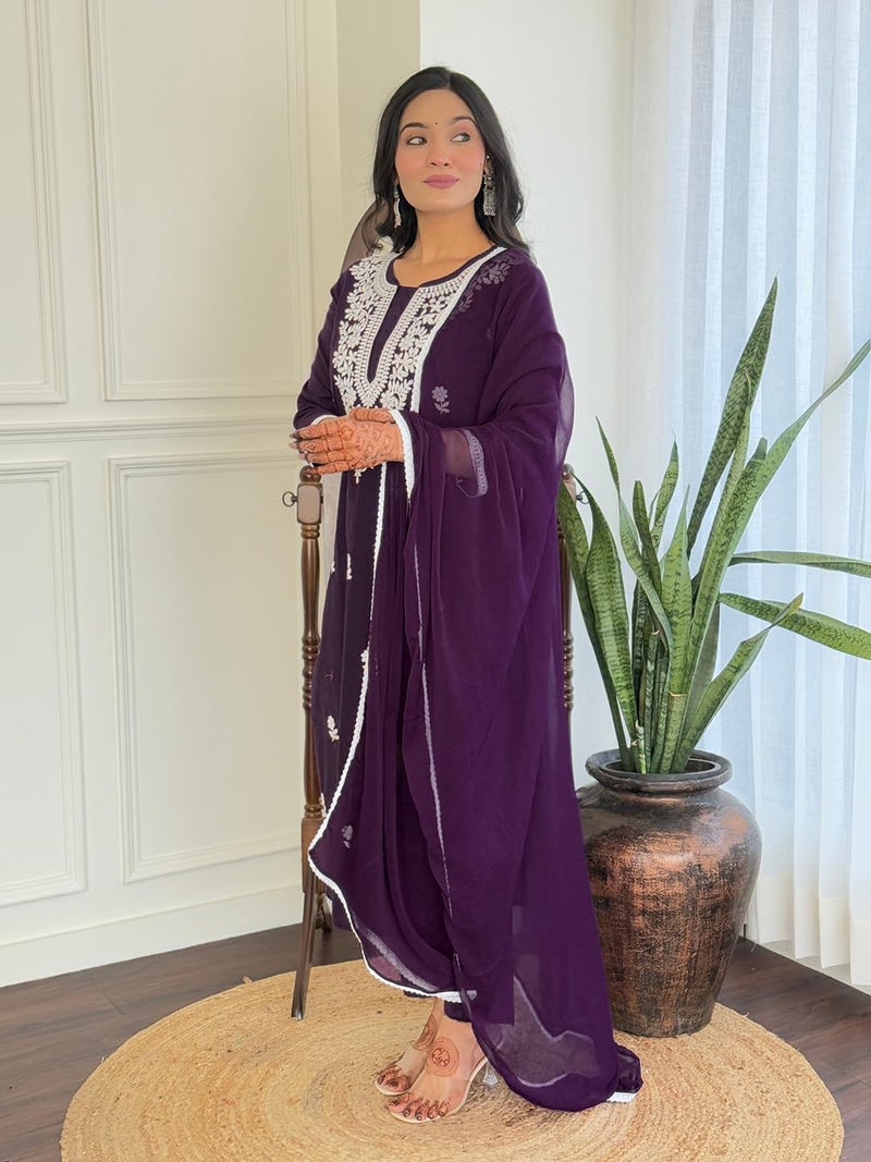 Naixa Women's Violate Pure Cotton Embroidered Straight Kurta with Cotton Pant and Nazneen Laced Dupatta Sets (NX-691-Violet-L) - Image 3