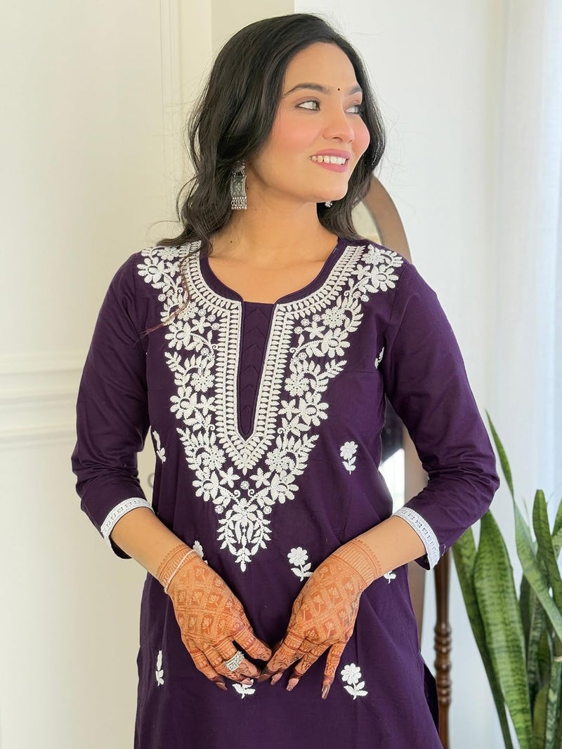Naixa Women's Violate Pure Cotton Embroidered Straight Kurta with Cotton Pant and Nazneen Laced Dupatta Sets (NX-691-Violet-L) - Image 5
