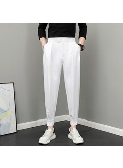 Summer Thin Ice Silk Cropped Pants Mens Magic Binding Footwear Casual Versatile Trendy Brand Harajuku Small Trousers For Men S4 white (regular trousers)