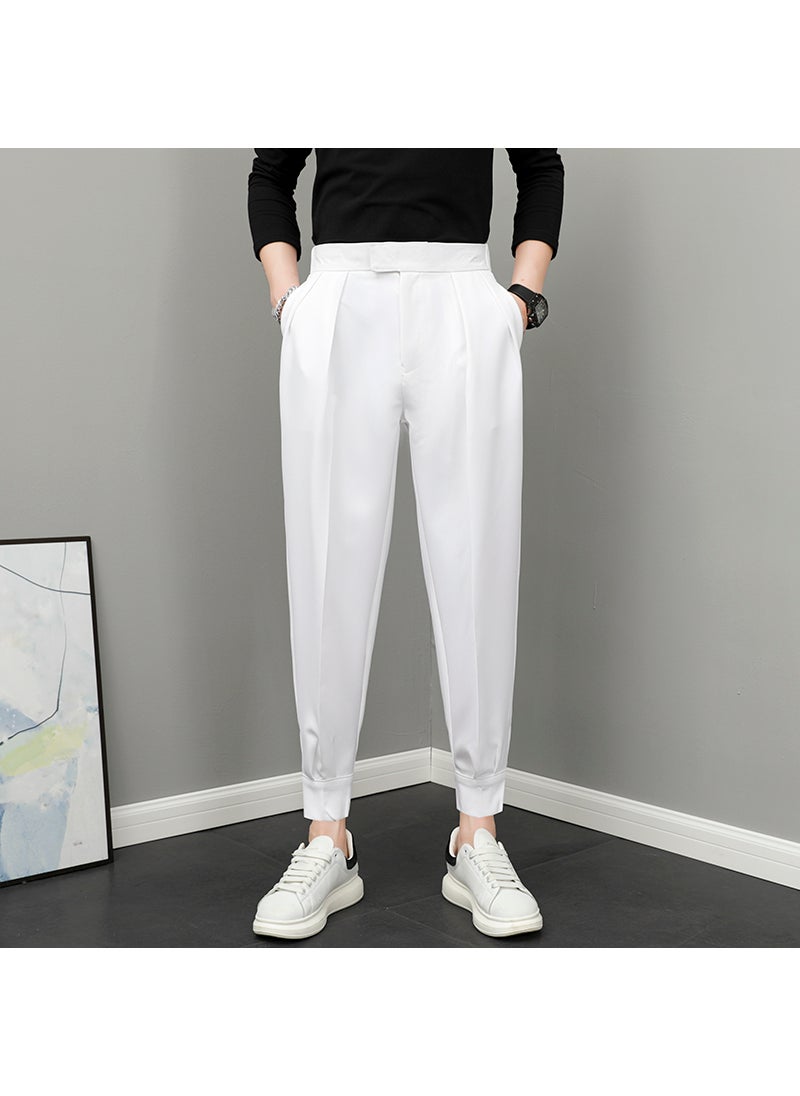 Generic - Summer Thin Ice Silk Cropped Pants Mens Magic Binding Footwear Casual Versatile Trendy Brand Harajuku Small Trousers For Men S4 white (regular trousers) - Image 1