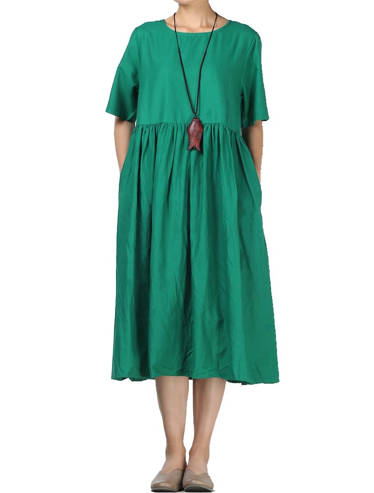 Minibee Womens Linen Tunic Summer Dress Casual Midi Dresses with Pockets Green XXL