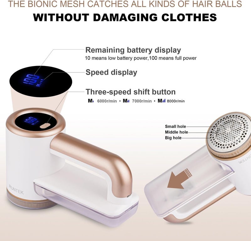 iRUNTEK Rechargeable Fabric Shaver, Electric Commercial Lint Remover with LED Display & Big Trash Box, 3-Speeds for Removing Fuzz and Pill from Clothes, Furniture, Sweater, Couch and Blanket, White - Image 4