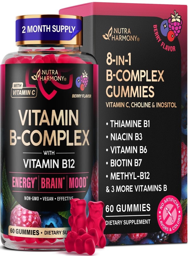 NUTRAHARMONY Vitamin B-Complex Gummies for Women & Men - Vitamin B12, B1, B2, B3, B5, B6, B7 & B9 - B Complex with Vitamin C & Choline - Energy, Brain & Mood - Natural Berry Flavor, Vegan - 60 Gummies for 2 Months - Image 1