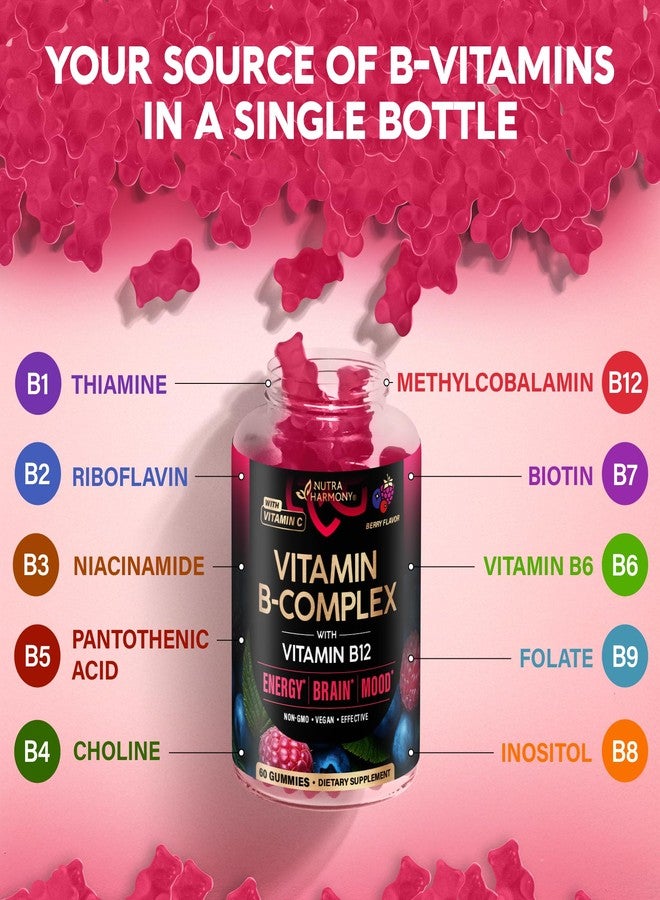 NUTRAHARMONY Vitamin B-Complex Gummies for Women & Men - Vitamin B12, B1, B2, B3, B5, B6, B7 & B9 - B Complex with Vitamin C & Choline - Energy, Brain & Mood - Natural Berry Flavor, Vegan - 60 Gummies for 2 Months - Image 4