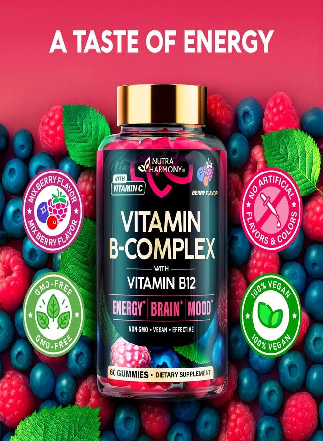 NUTRAHARMONY Vitamin B-Complex Gummies for Women & Men - Vitamin B12, B1, B2, B3, B5, B6, B7 & B9 - B Complex with Vitamin C & Choline - Energy, Brain & Mood - Natural Berry Flavor, Vegan - 60 Gummies for 2 Months - Image 5