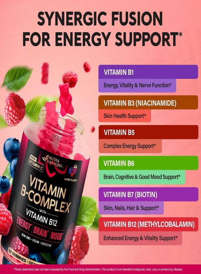NUTRAHARMONY Vitamin B-Complex Gummies for Women & Men - Vitamin B12, B1, B2, B3, B5, B6, B7 & B9 - B Complex with Vitamin C & Choline - Energy, Brain & Mood - Natural Berry Flavor, Vegan - 60 Gummies for 2 Months - Image 3
