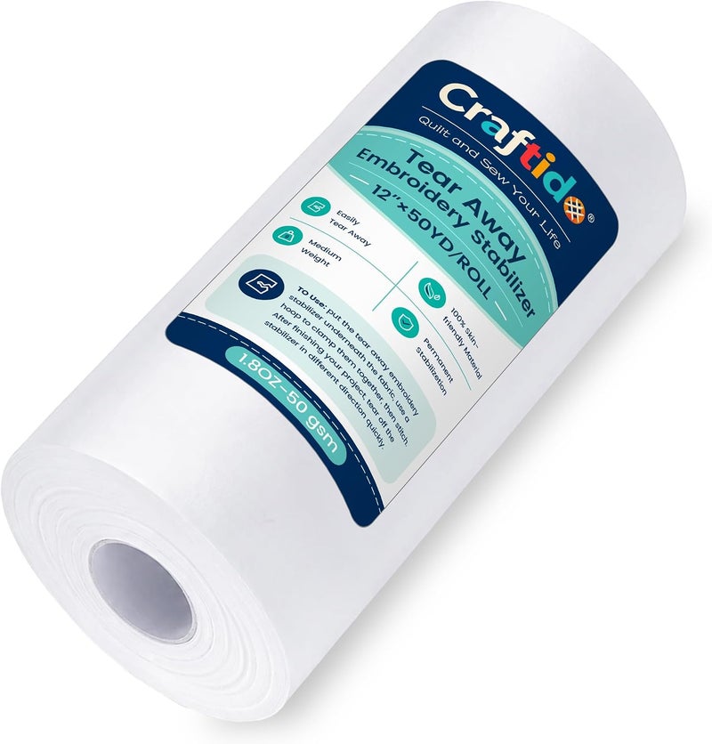 craftido كرافتيدو مثبت تطريز قابل للتمزيق 12 بوصة × 50 ياردة/لفة متوافق مع معظم الطارات 1.8 أونصة وزن متوسط للتطريز الآلي والخياطة اليدوية - Image 1